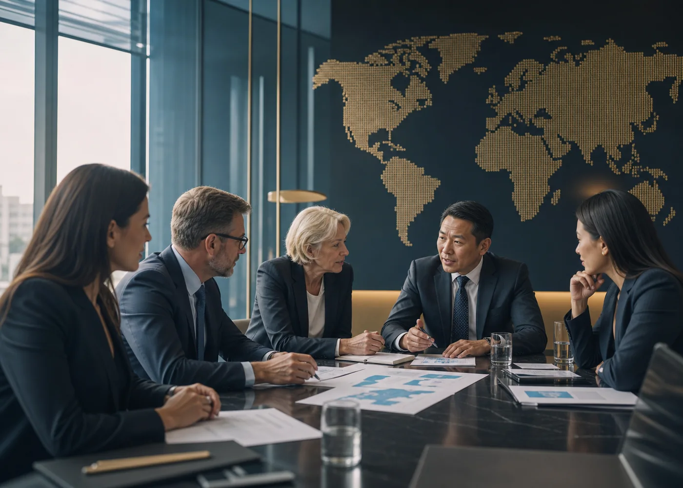 Executives reviewing international market plans in a boardroom